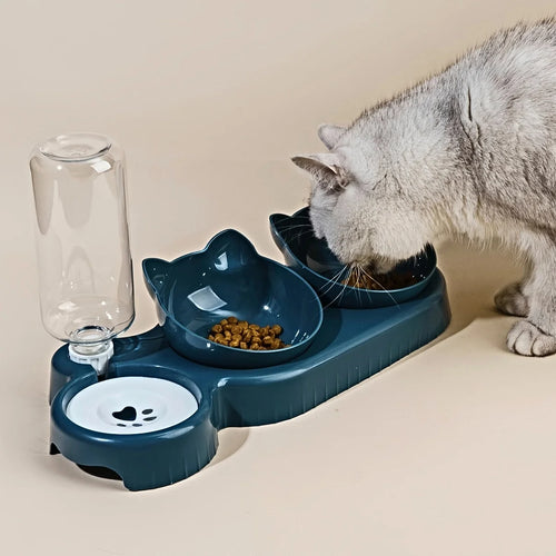 Comedouro 3 em 1 com Bebedouro — Proteção para o Pescoço do Seu Gato